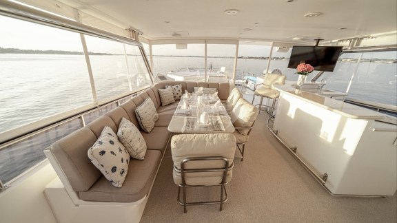 Shaded seating, bar and TV