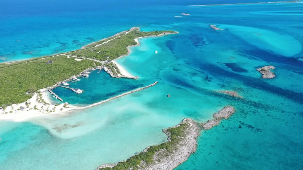 Aerial view of Highbourne Cay marina and anchorage in the northern Exumas, Bahamas