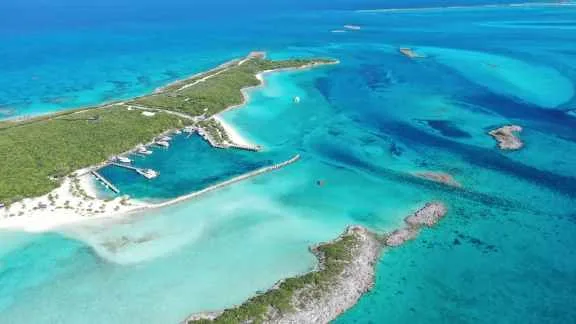 Aerial view of Highbourne Cay marina and anchorage in the northern Exumas, Bahamas