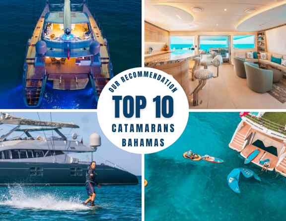 Featured image for Top 10 Bahamas Catamarans for charter - Four images: A catamaran from above lit up in the dark, inside a catamaran fancy interior, a guy wakeboarding infront of a catamaran and water toys off the back of a catamaran