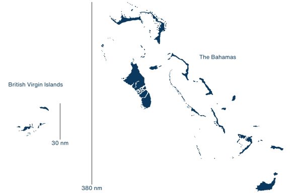 Bahamas vs BVI Size comparison Map 30 vs 380 natical miles north to south