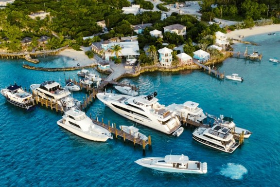Motor yachts docked at Staniel Cay Yacht Club in the Exumas, Bahamas