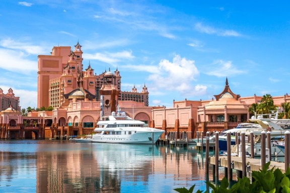 Luxury Motor Yacht docked at the Atlantis Paradise Island Resort near Nassau