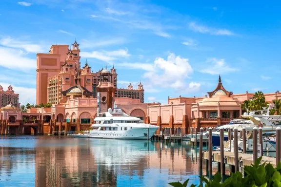 Luxury Motor Yacht docked at the Atlantis Paradise Island Resort near Nassau