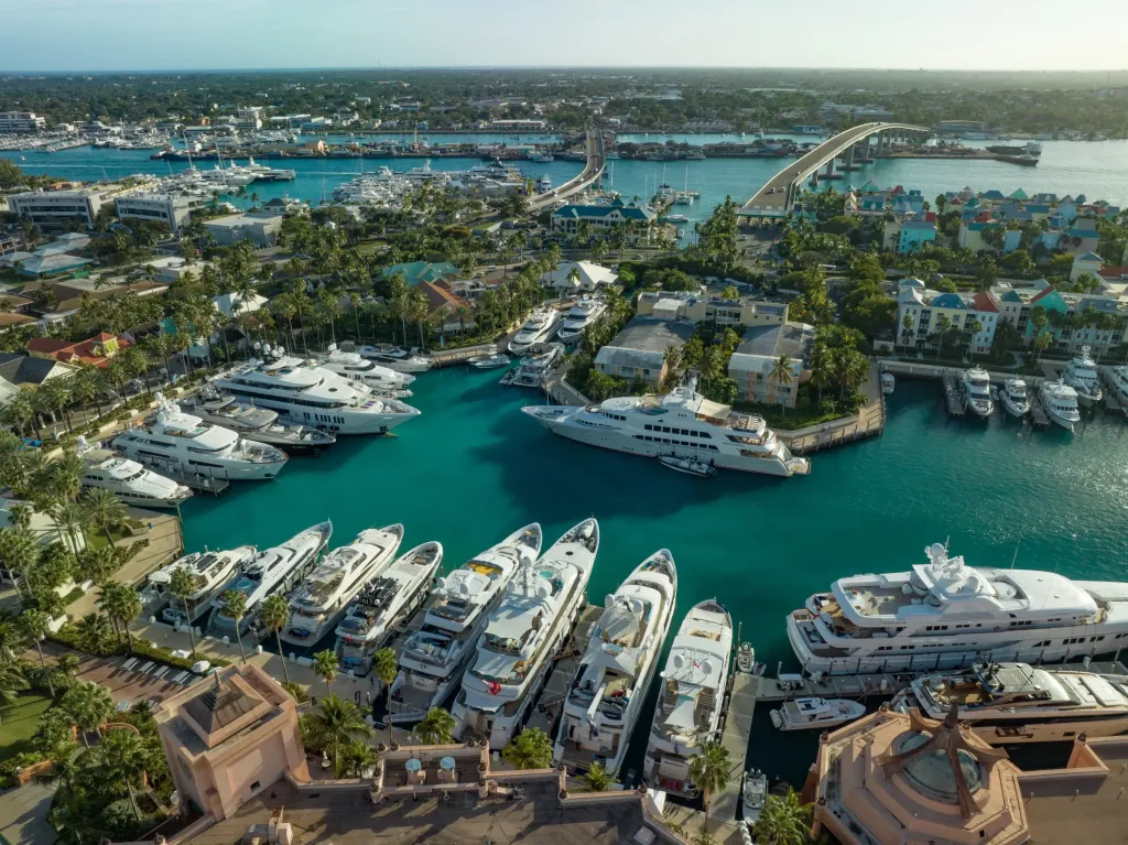 Aerial view of luxury yachts in marinas around Nassau and Paradise Island in the Bahamas
