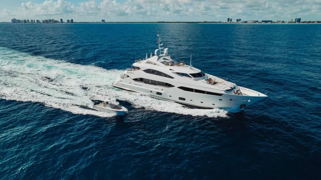 ABOUT TIME, a 131 foot Sunseeker, under way in the Bahamas