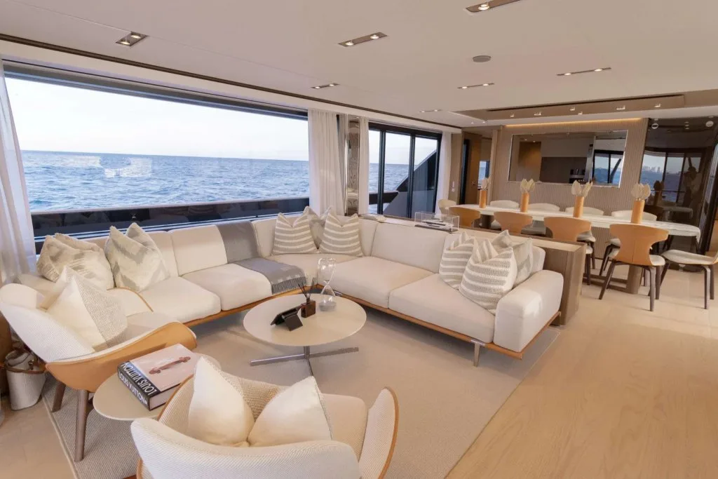 The main saloon of KARMA, a 100 foot Ferretti