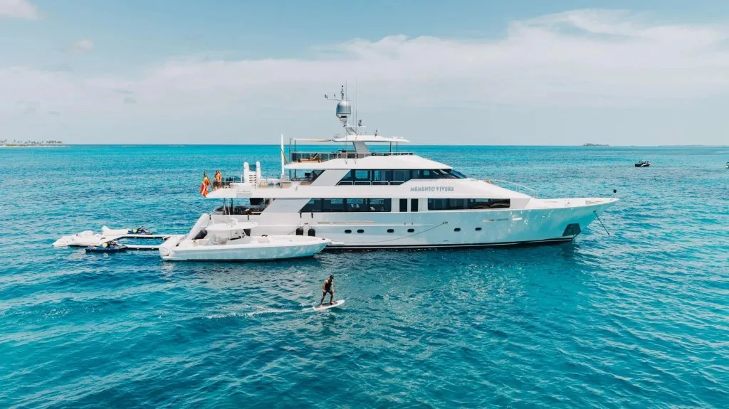MEMENTO VIVERE, a 130 foot Westport, at anchor in the Bahamas