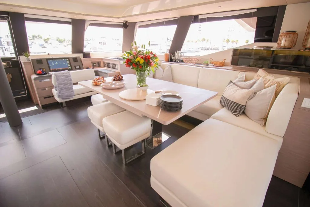 The saloon of PRINCESS MILA, a Fountaine Pajot based in Nassau