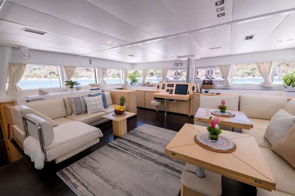 Full Saloon (galley is down). TV lifts out from cabinet at end of couch